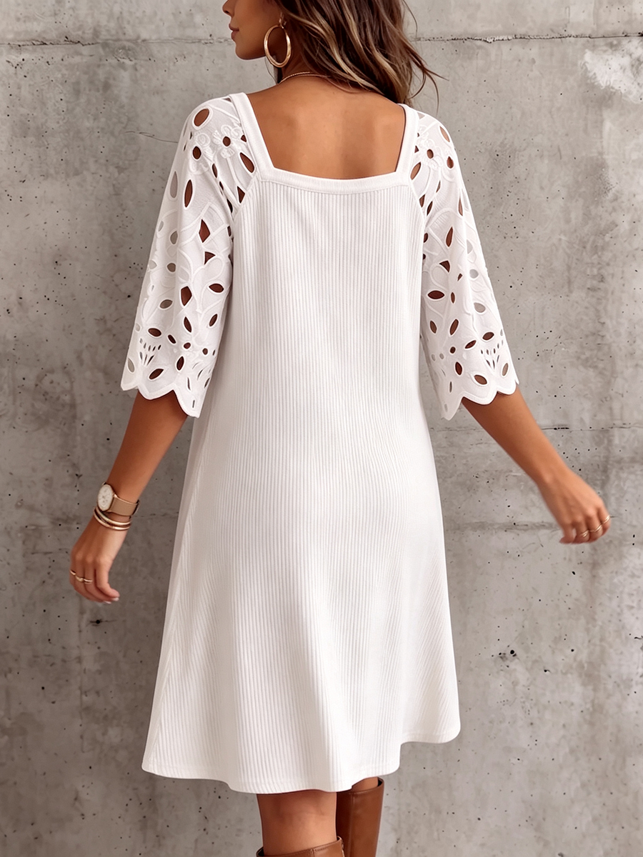 Elegant Square-neck Knit Dress With Floral Embroidery Sleeves
