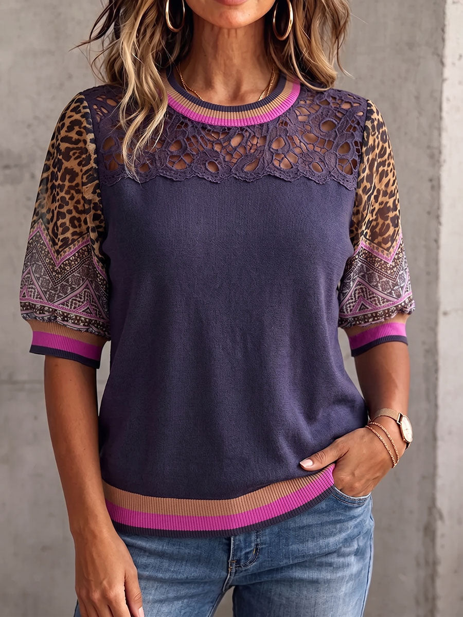 Vintage Elegant Patchwork Leopard Cut-Out Lace Chiffon Sweater