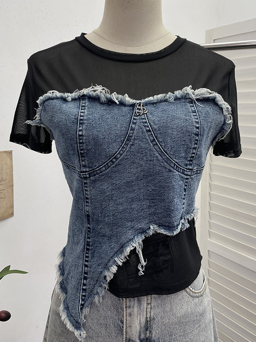 Stylish Casual Denim Top With Stretch Mesh Paneling