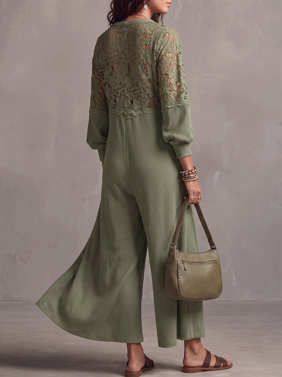 Vintage Elegant Waffle Patchwork Cutout Lace Jumpsuit