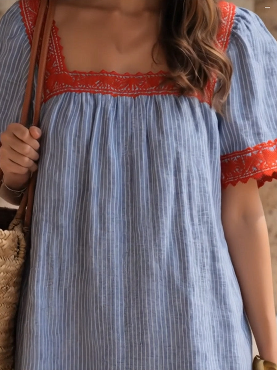 Red Cotton Midi Dress With Striped Paneling