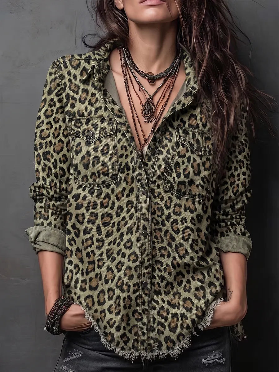 Vintage Leopard Denim Rough Edges Button-Down Shirt