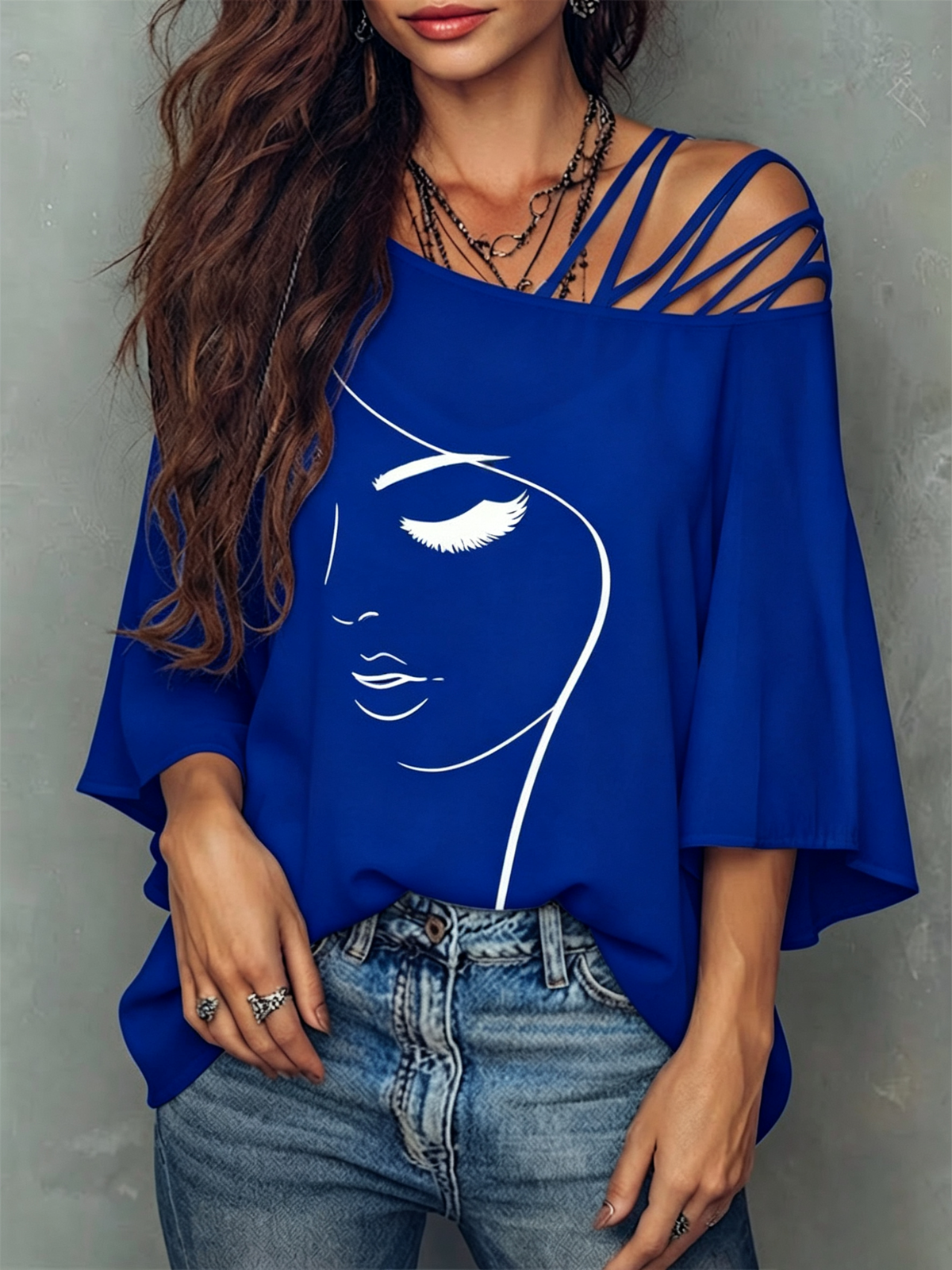 Loose-fit Top Featuring A Spliced asymmetrical Neckline, Abstract Line-art Face Graphic, Dropped Shoulders, And Flared Mid-length Sleeves