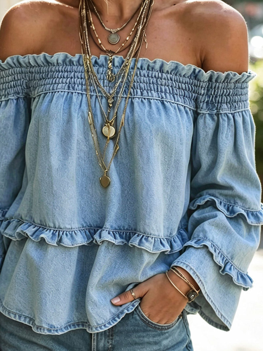 Retro Ruffle Off-shoulder Denim Loose Art Casual Stylish Chic Shirt