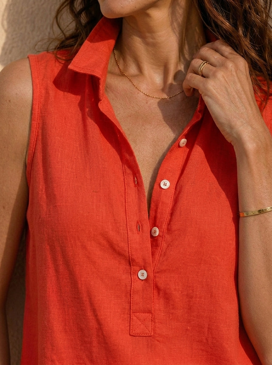Women's Collared Half Button Sleeveless Cotton Linen Tank Blouse