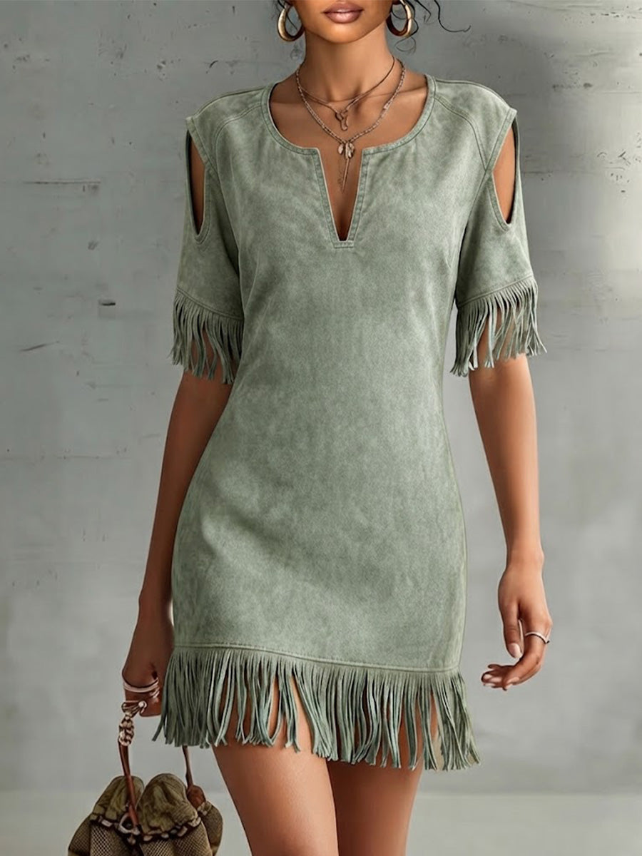 V-neck, Off-shoulder, Short-sleeve, Loose-fit Midi Dress In Faux Suede With Fringe Detailing—perfect For A Vacation Look