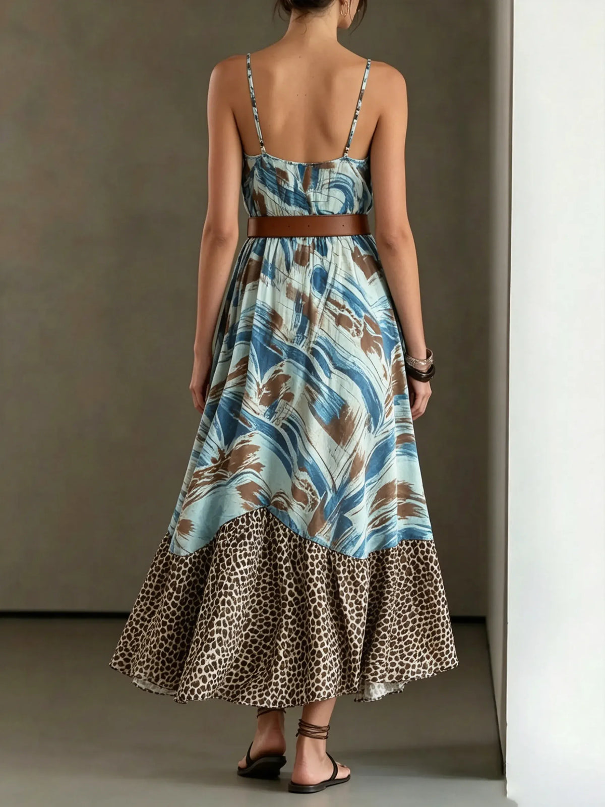 Women's Ink Leopard Print Patchwork Slip Maxi Dress