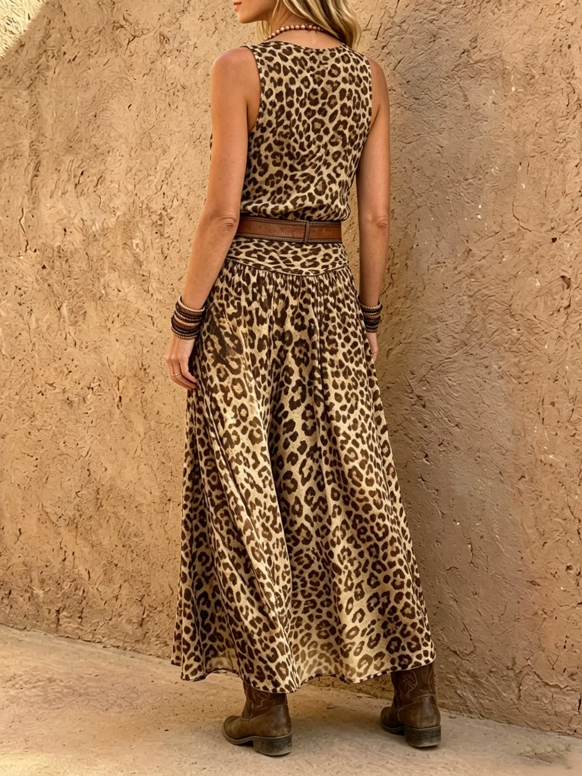 Women's Leopard Cowl Neck Sleeveless Maxi Dress