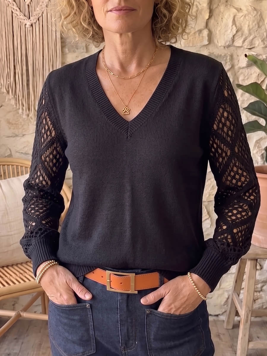 Women's Solid Color V-neck Long-sleeve Casual Loose Cut-out Knit Pullover