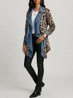Casual Mid-length Jacket Featuring A Vintage-style Leopard Print Panel, Washed Denim, And An Asymmetrical Oversized Lapel Collar