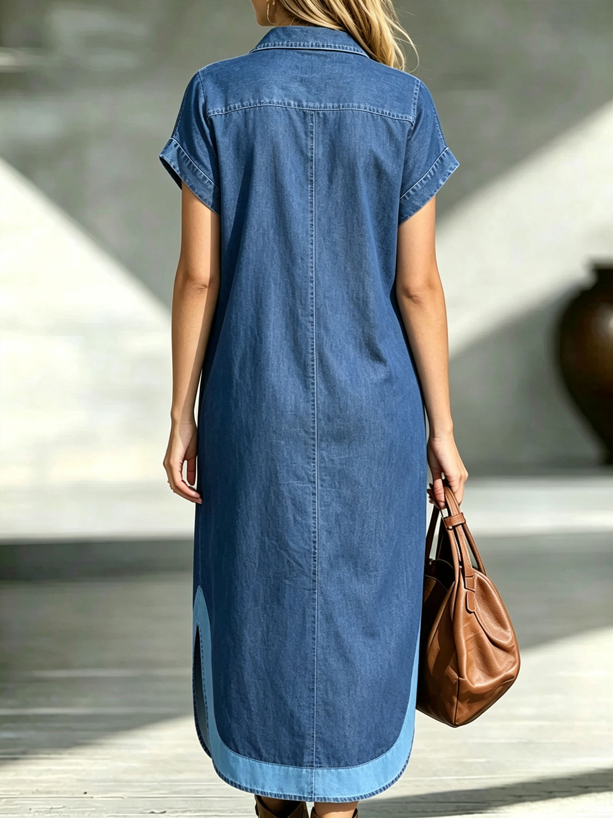 Women’s Two-Tone Contrast Patchwork Cap Sleeve Collared Denim Midi Dress