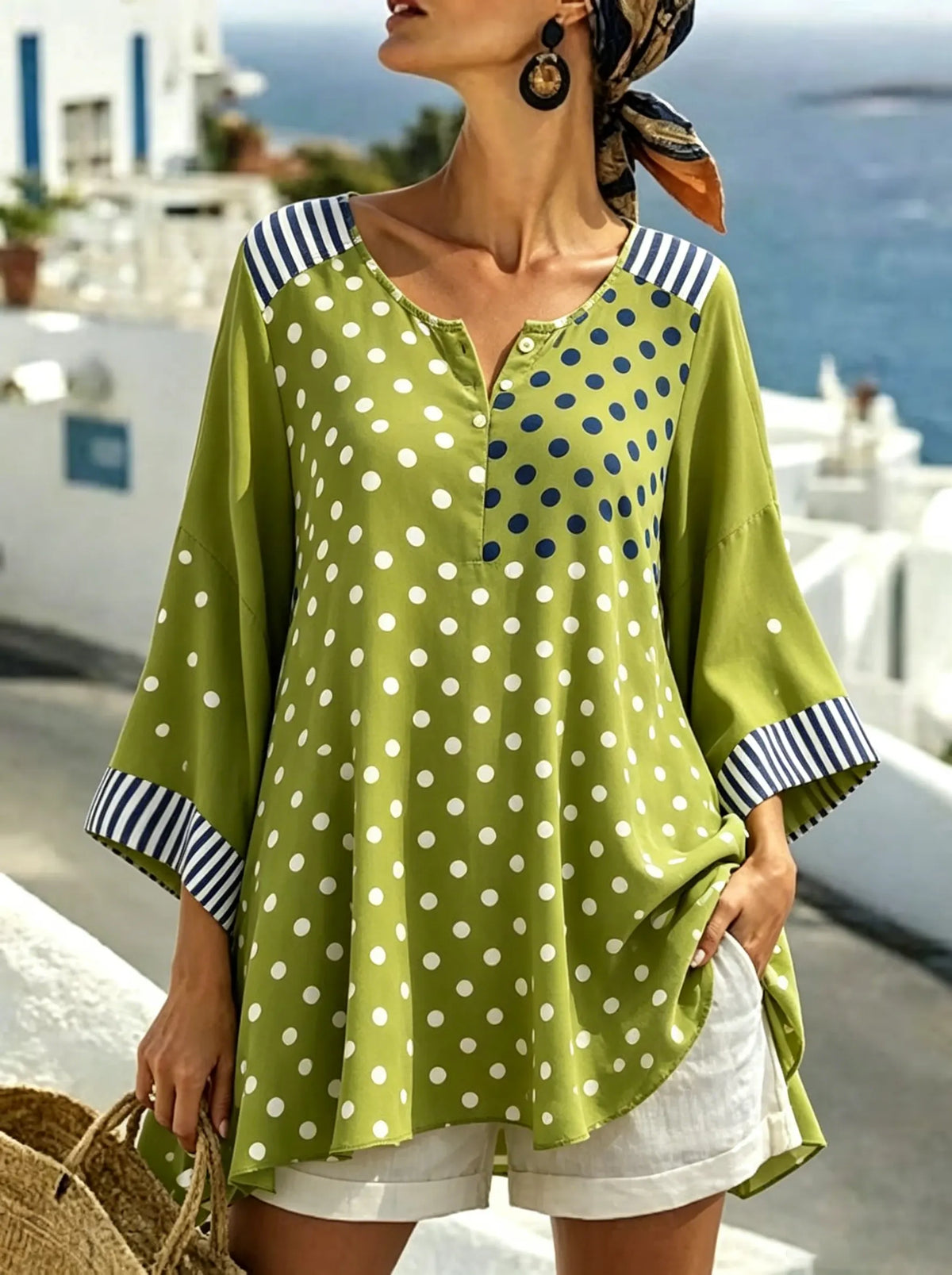 Women Two-tone Polka Dot Contrast Stripe Patchwork Crew Neck 3/4 Sleeve Blouse
