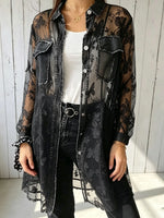 Women's Butterfly Lace Print Frayed Long Sheer Shirt Cardigan