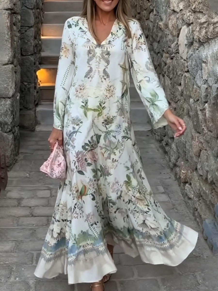 Elegant Floral Print Maxi Dress For Vacation