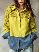 Women's Crochet Spliced Denim Hem Long Sleeve Shirt