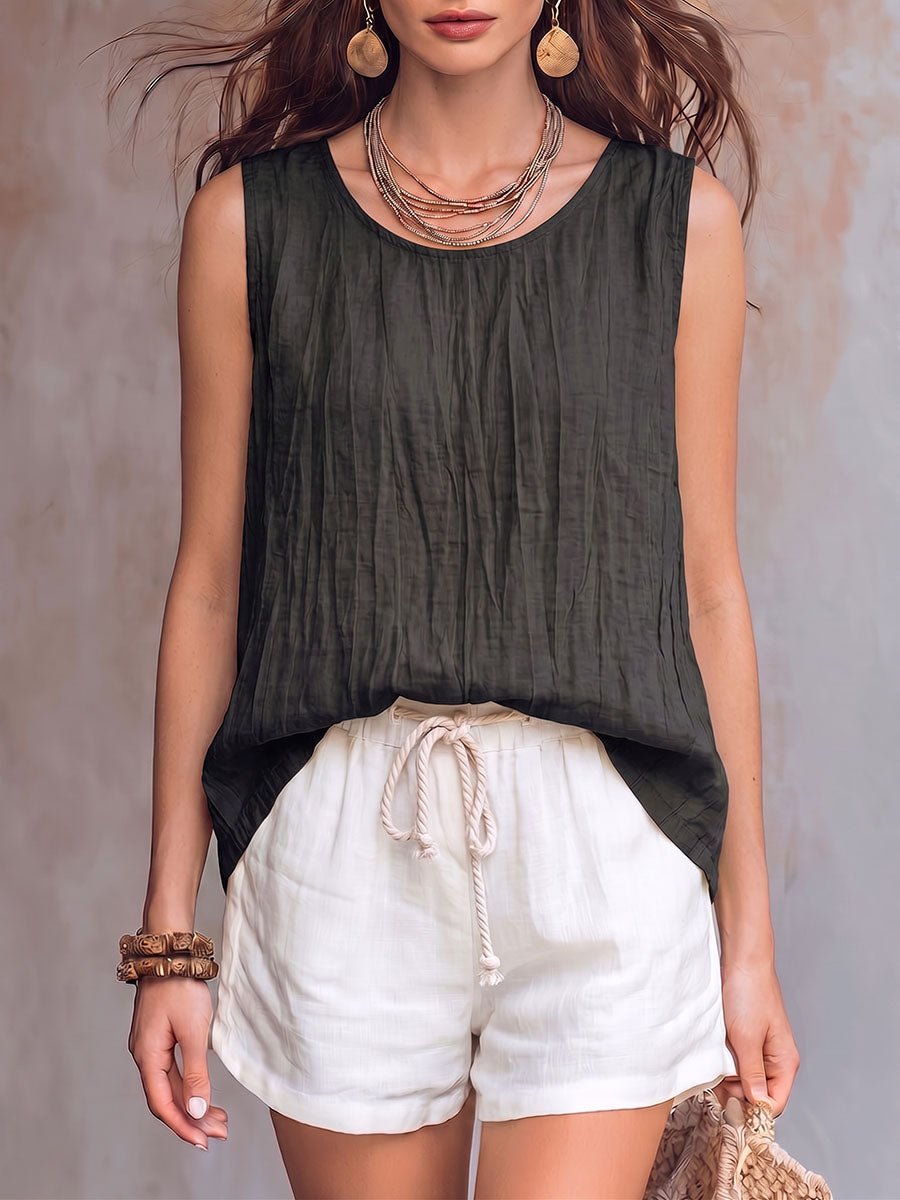 Women's Solid Color Crew Neck Sleeveless Casual Loose Cotton-linen Top