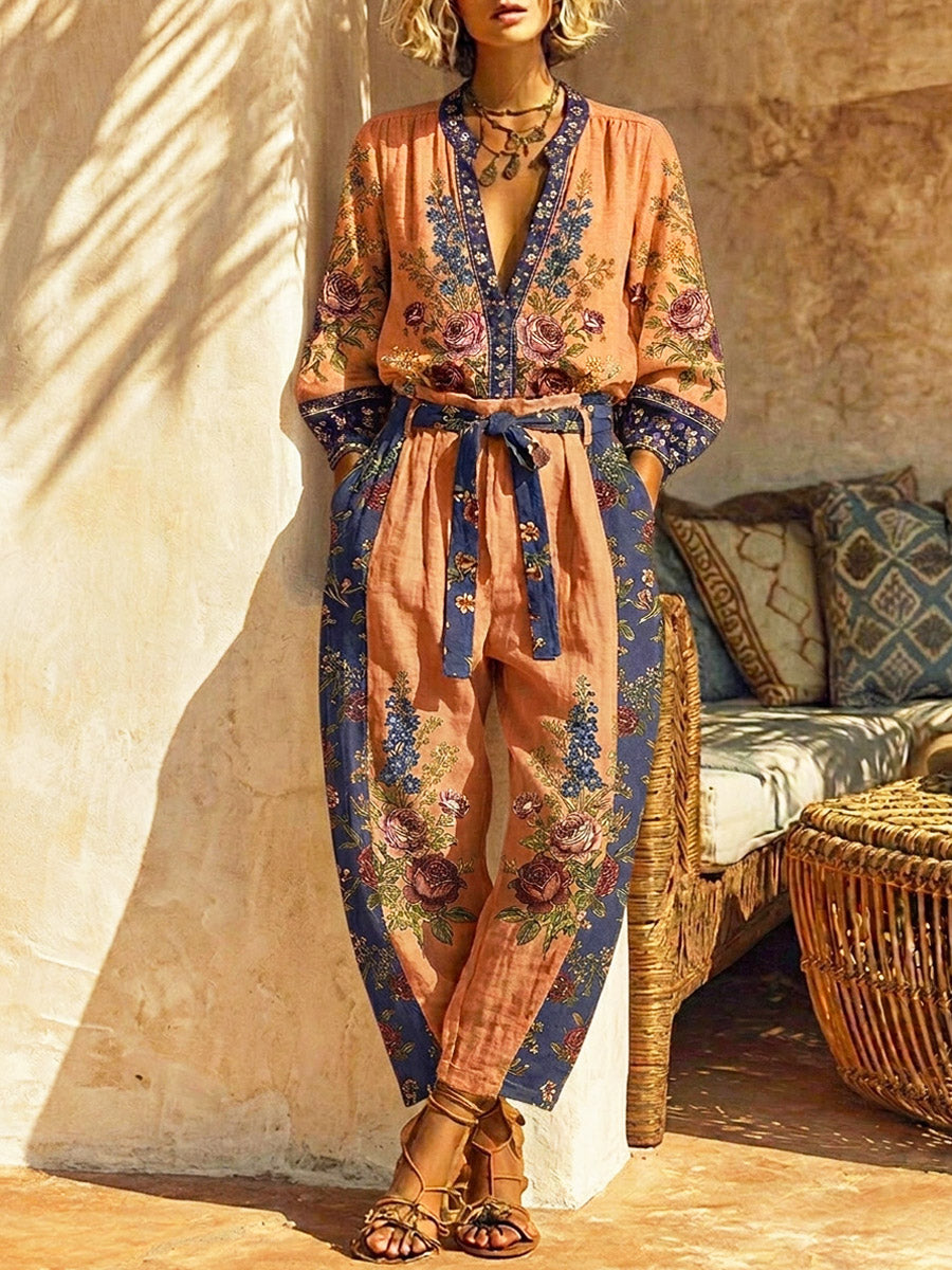Women's Retro Floral Art Print Casual Top And Pants Cotton And Linen Two-piece Set