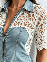 Women's Floral Hollow Lace Patchwork Zip Waist Short Sleeve Denim Blouse