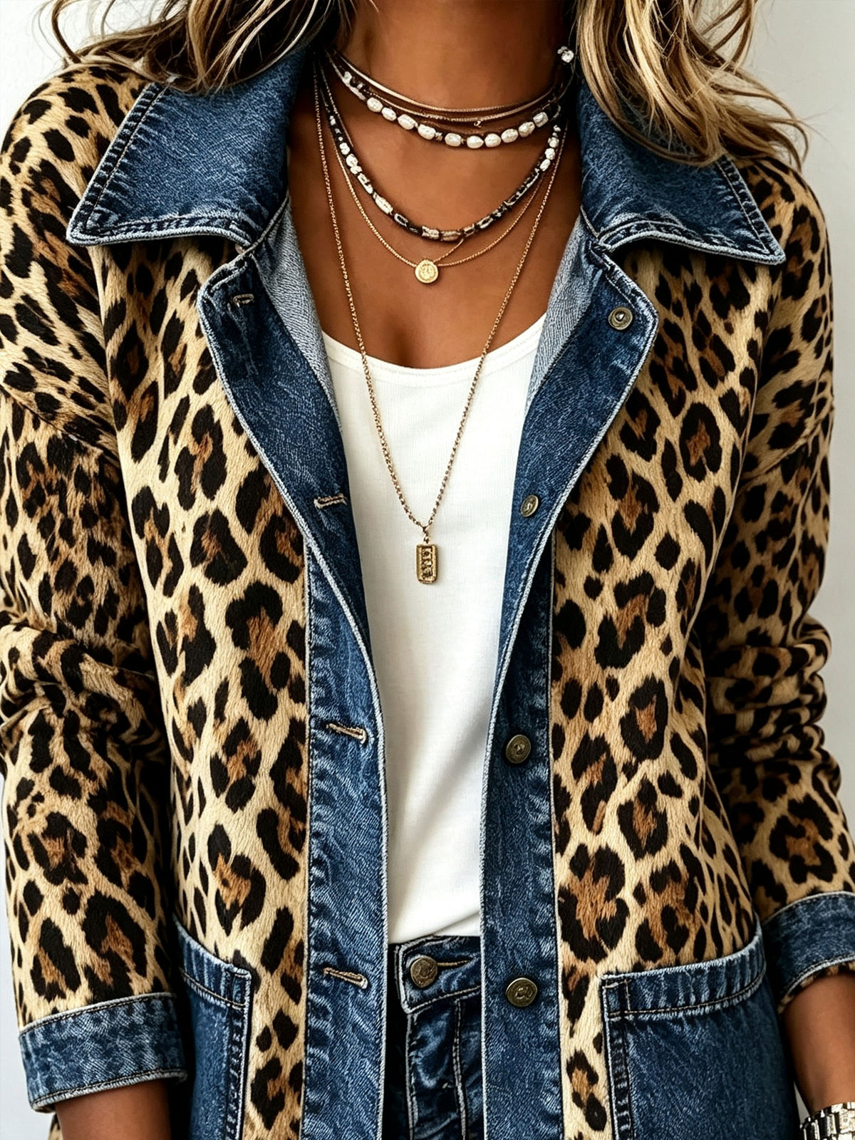 Women’s Leopard Print Patchwork Denim Lapel Button Down Shacket Jacket