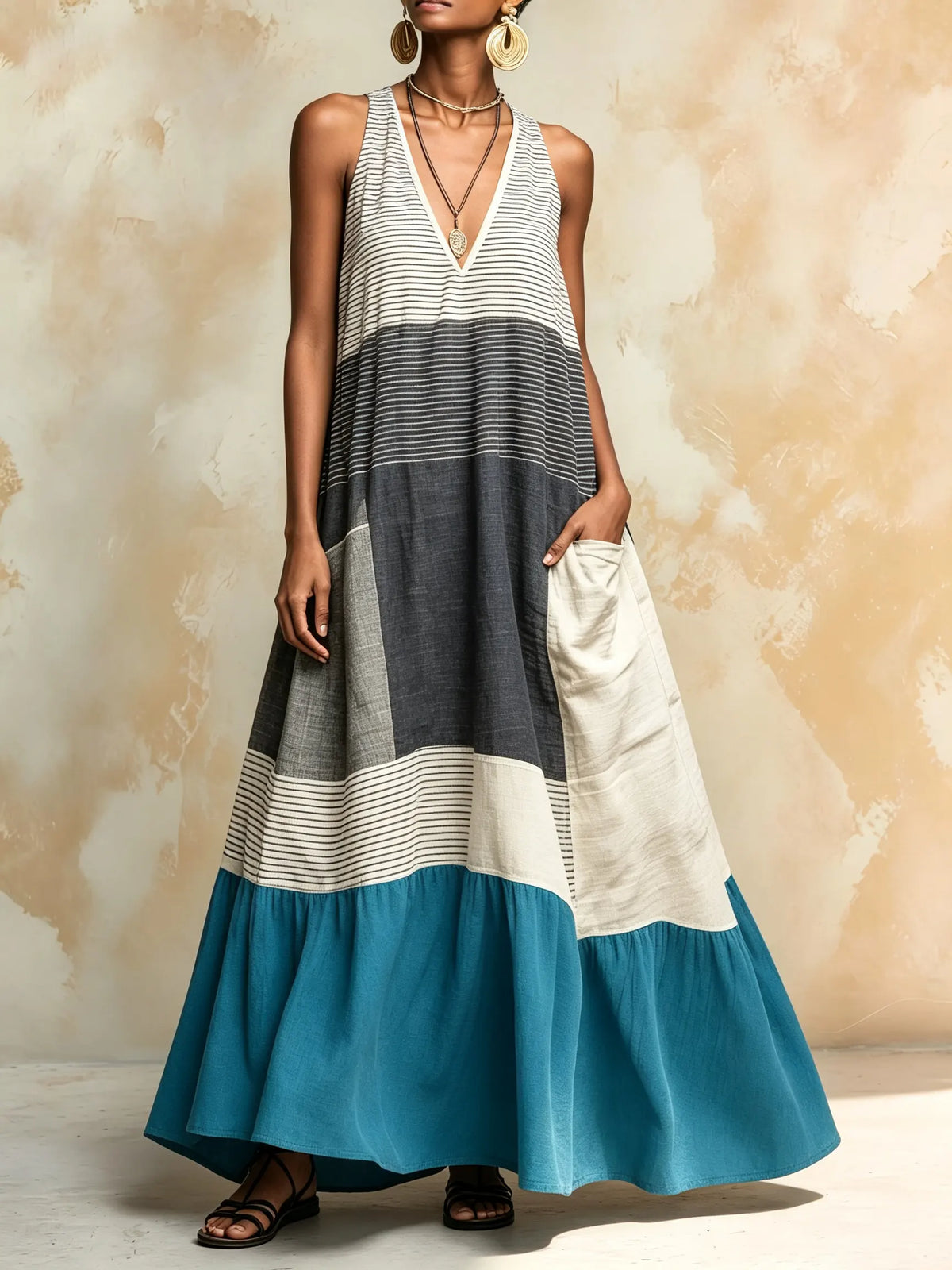 Women's Striped Color Block Patchwork Sleeveless V Neck Maxi Dress