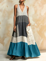 Women's Striped Color Block Patchwork Sleeveless V Neck Maxi Dress