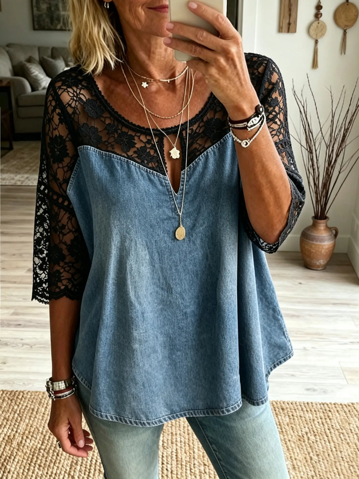 Women's Black Floral Lace Spliced Loose Denim Top