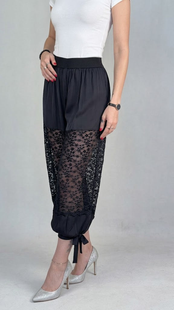 Lightweight Satin Cropped Harem Pants With Star-patterned Lace Inserts
