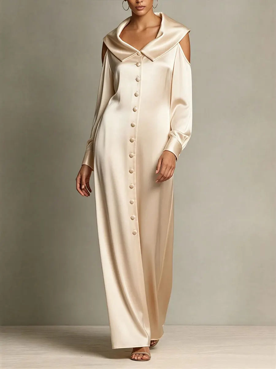 Refined Satin Portrait-Collar Maxi Dress