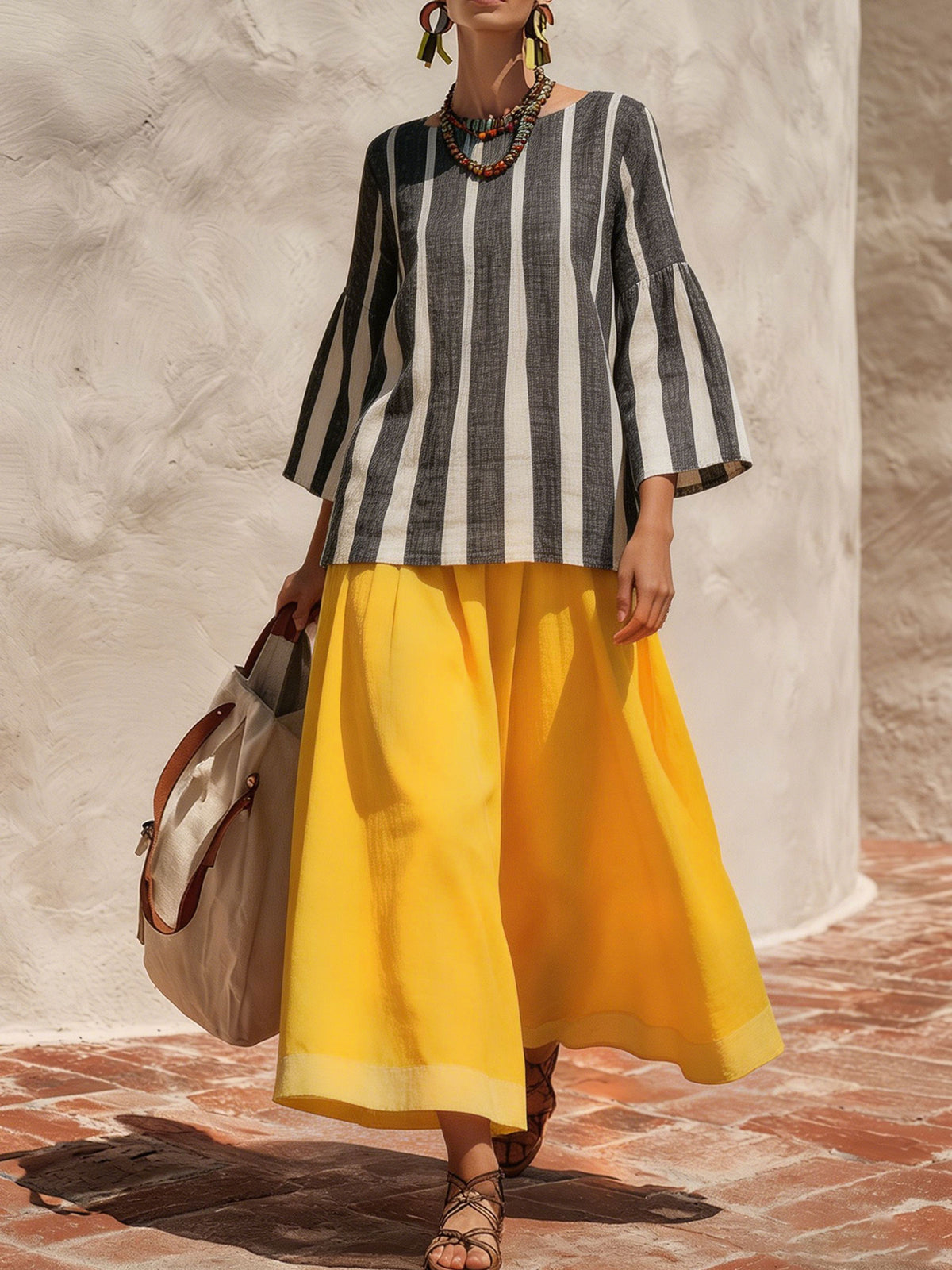Women’s Vertical Stripe Cotton Linen Flare 3/4 Sleeve Casual Blouse