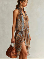 Women's Leopard Zip-Front High-Low Halter Dress