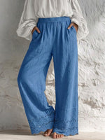Loose, Casual, Everyday Wide-leg Cotton-linen Pants With Lace Trim