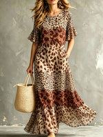 Women's Gradient Block Leopard Print Ruffle Short Sleeve Maxi Dress With Pockets