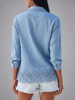 Boho-Chic Comfortable Denim Lace Trim Button-Down Shirt