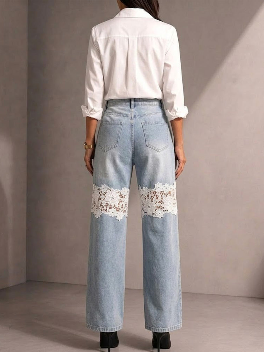 Wash High Waist Straight Wide Leg Denim Pants Dual Knee White Floral Hollow Lace Splice Drape Trousers
