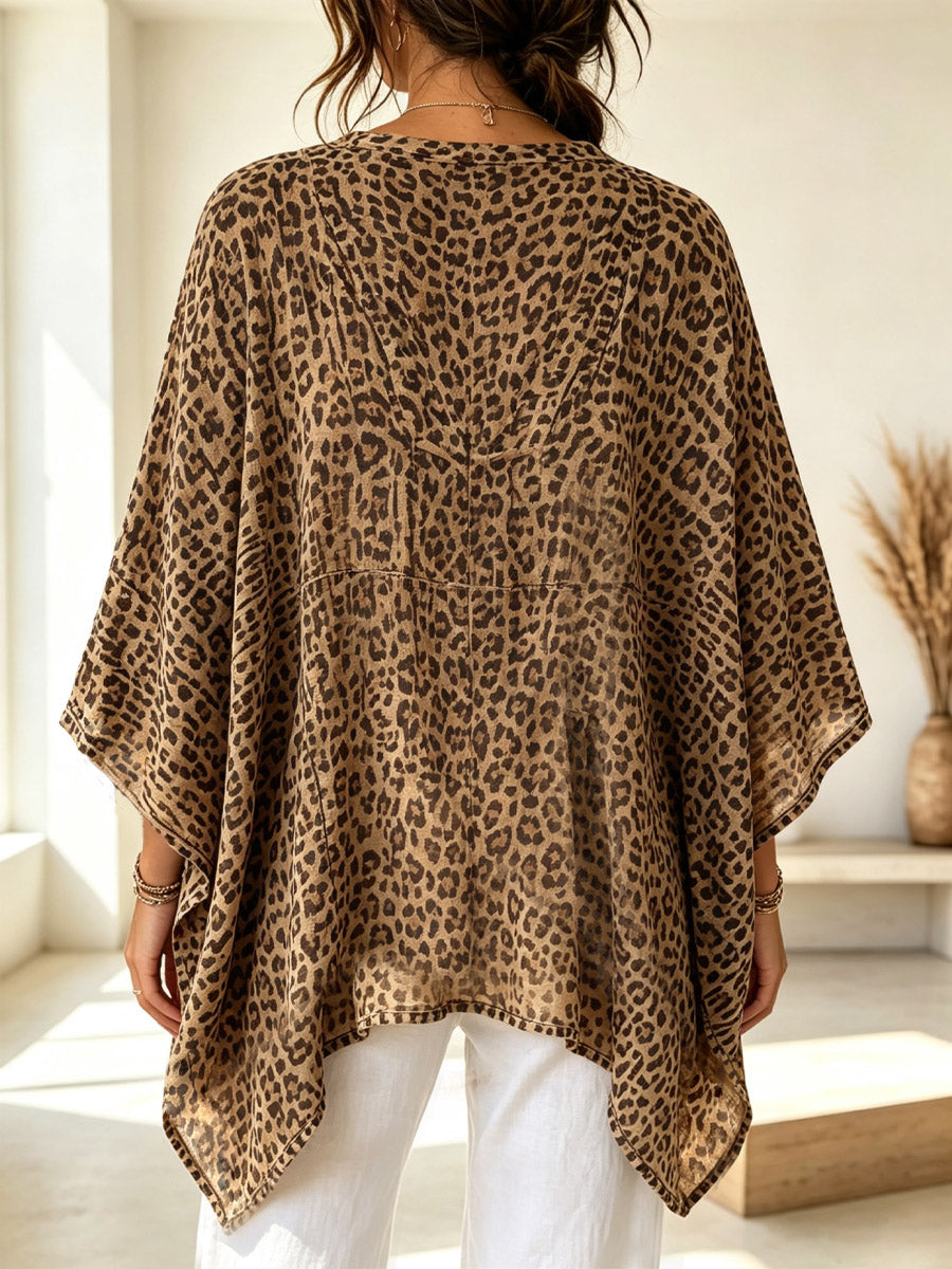 Women's Leopard Pattern Bat Sleeve Art Casual Stylish 3/4 Sleeve Cotton Linen Shirt