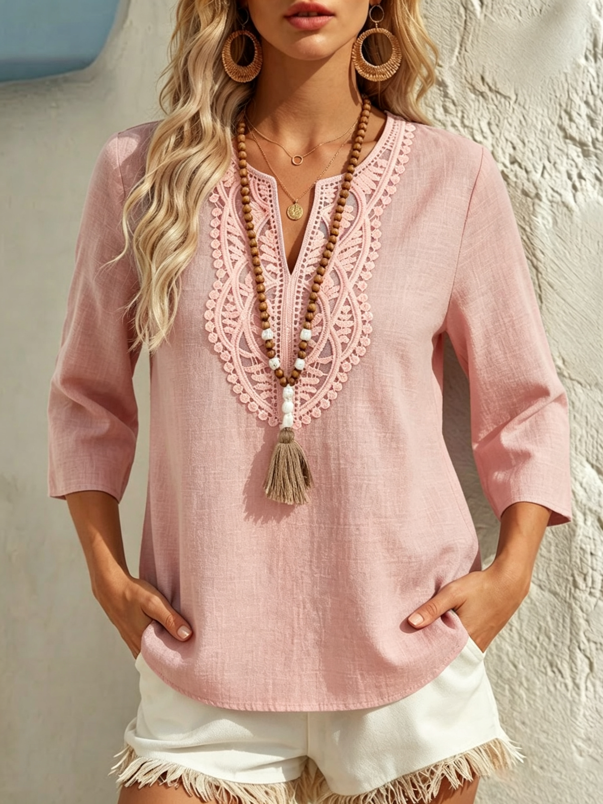 Loose-fit Solid-color Cotton-linen T-shirt With V-neck, Lace Paneling, And Three-quarter Sleeves