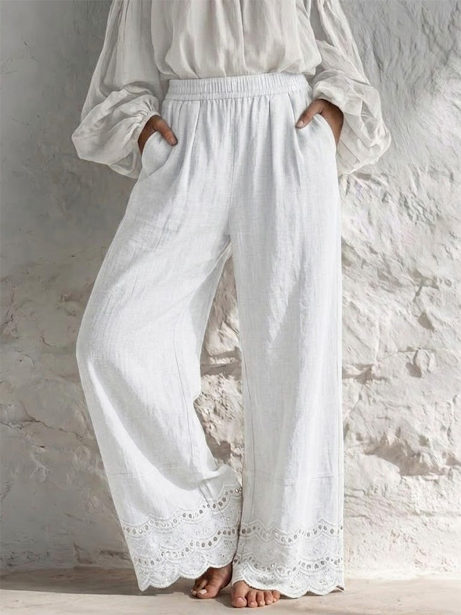 Loose, Casual, Everyday Wide-leg Cotton-linen Pants With Lace Trim
