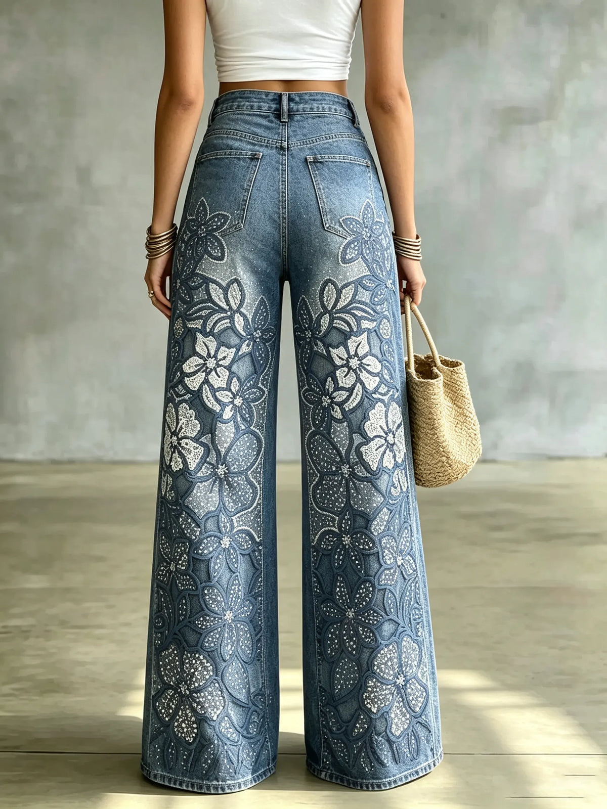Women's Sequined Floral Wide-Leg Jeans