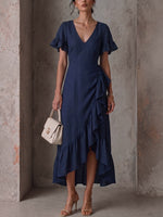 Women's Solid Color V-neck Short-sleeve Casual Loose Cotton-linen Ruffle Dress