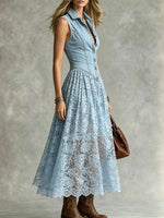 Women's Sleeveless Denim Lace Midi Dress