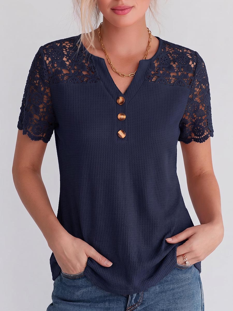 Women's Solid Color V-neck Waffle-knit Pullover With Lace Embroidery Panel – Casual Loose Fit