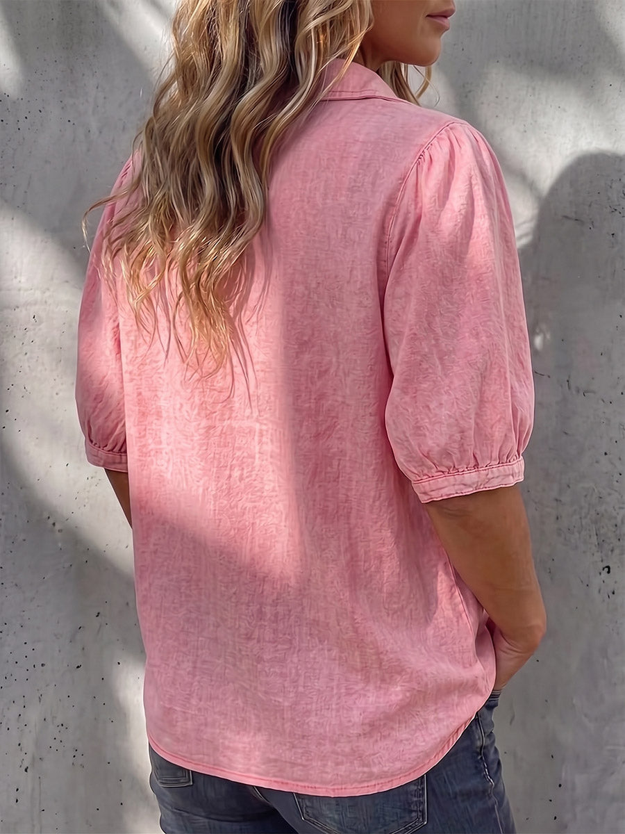 Vintage Elegant Denim Patchwork Pleat Button Shirt