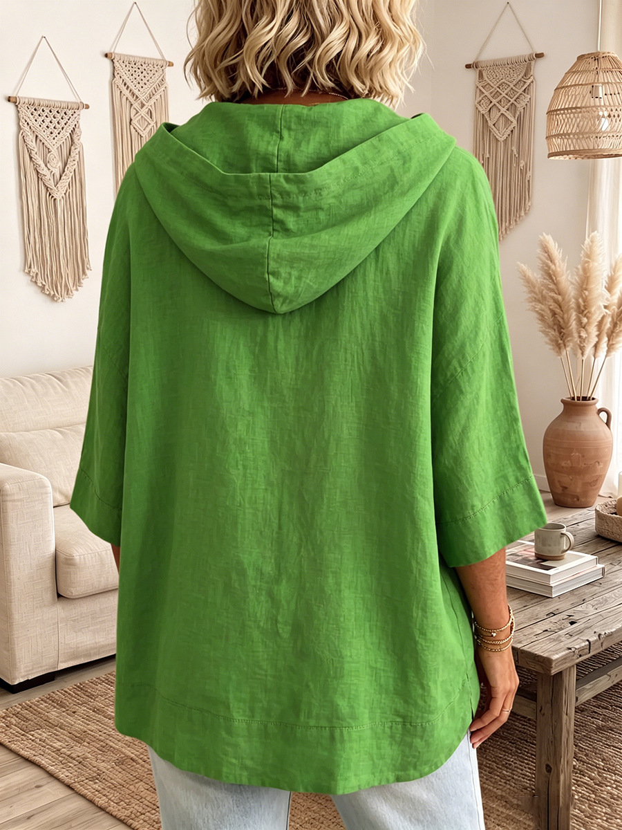Relaxed Forest Green Hooded Cotton-linen Top