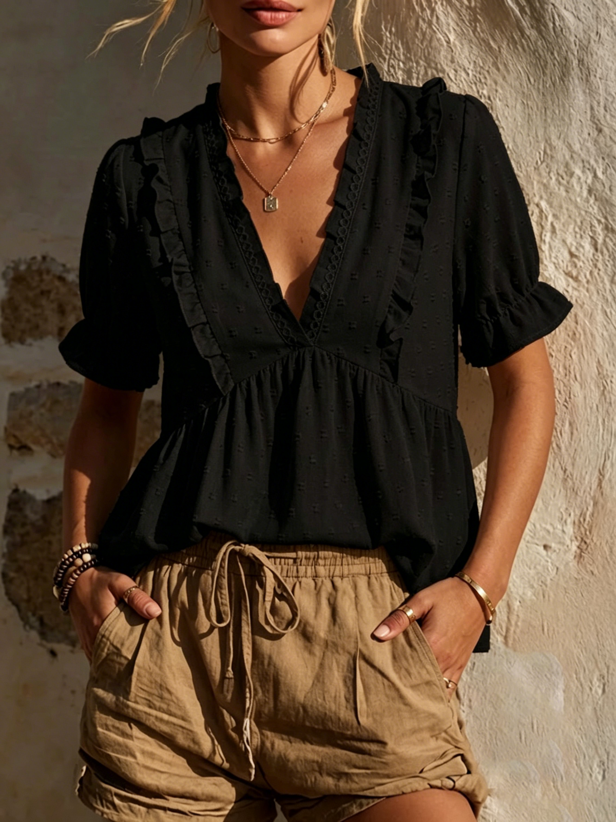 Casual Resort-style Textured Shirt With Ruffle Details