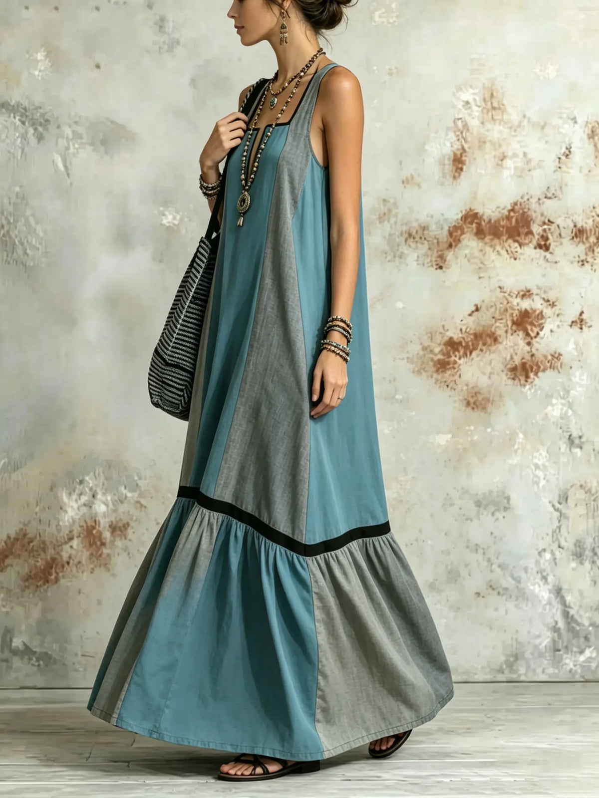 Women Contrast Solid Stripe Patchwork Square Neck Sleeveless Maxi Dress