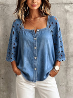 Boho-chic Floral Lace Square-neck Denim Shirt
