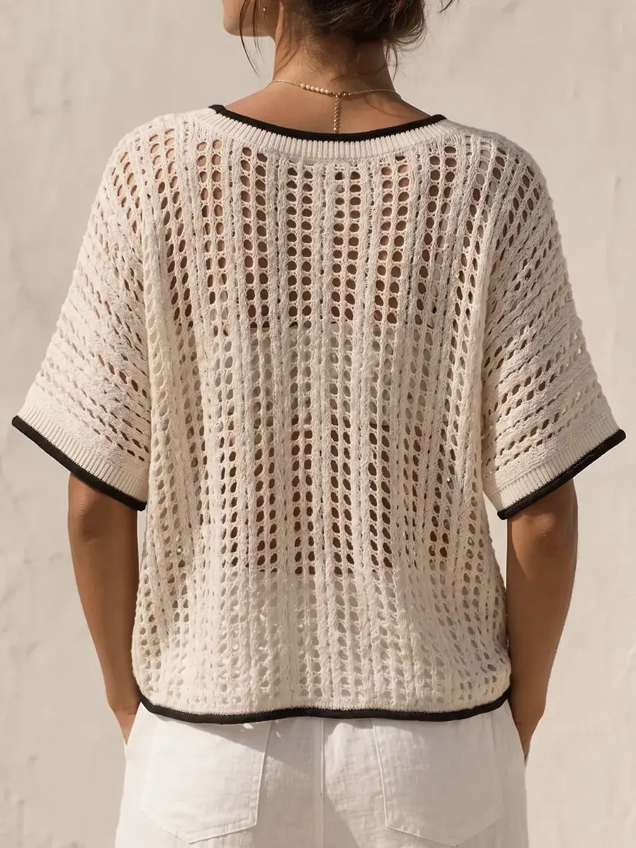 Classic Contrast-trimmed Open Knit V-neck Top