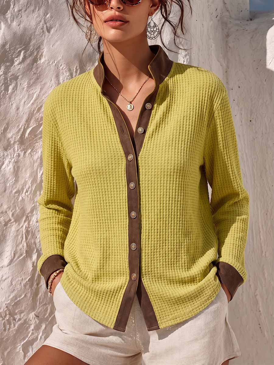 Women's Stand-collar Long-sleeve Loose-fit Waffle-knit Shirt