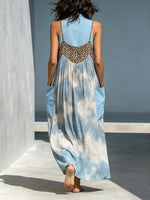 Women Tie Dye Gradient Leopard Print Patchwork Mock Neck Spaghetti Strap Loose Maxi Dress