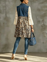 Women's Leopard Print Lace Spliced Long Denim Vest